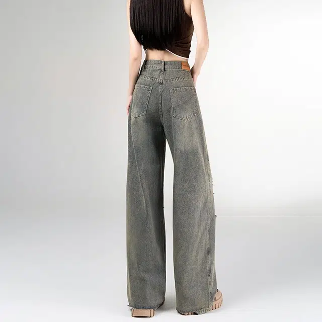 黛尔佳人 怀旧破洞直筒薄款设计感百搭宽松高腰阔腿长裤牛仔裤 女款