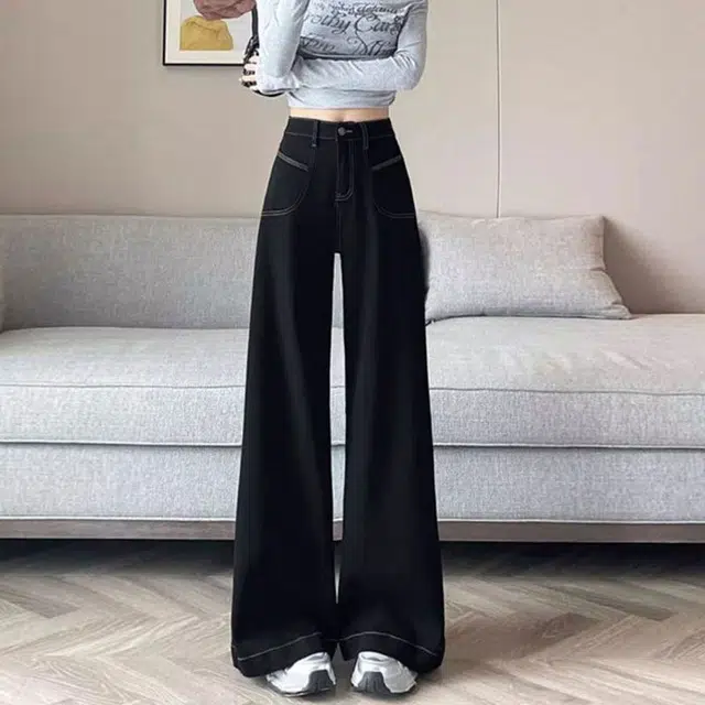 黛尔佳人 宽松高腰直筒阔腿牛仔裤 女款