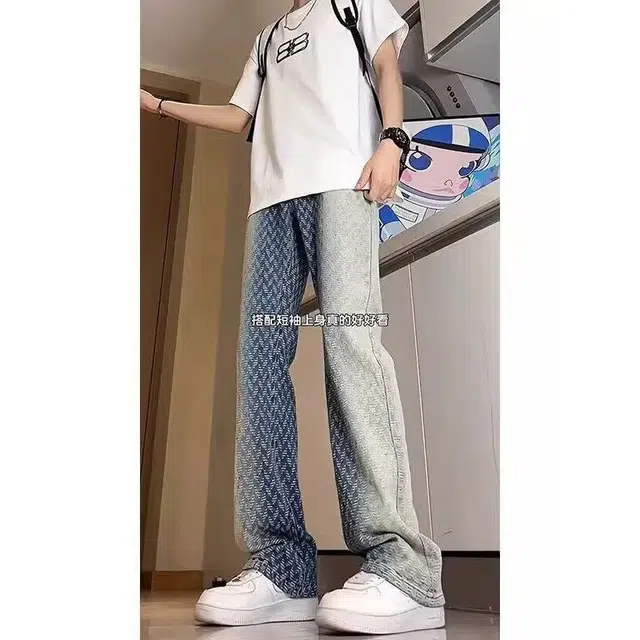 大白鲨 美式复古渐变扎染编织宽松小众设计工装直筒长裤牛仔裤 男女同款