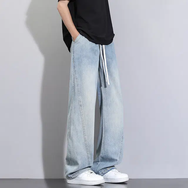 大白鲨 夏季轻薄舒适透气莱赛尔拼接时尚抽绳松紧腰做旧水洗复古美式高街工装牛仔裤 男女同款