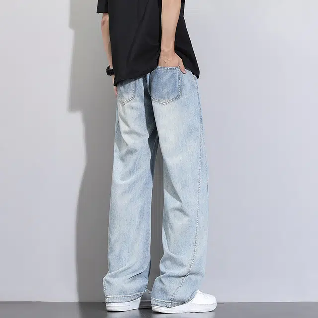 大白鲨 夏季轻薄舒适透气莱赛尔拼接时尚抽绳松紧腰做旧水洗复古美式高街工装牛仔裤 男女同款