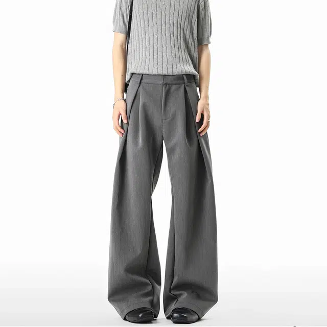 大白鲨 美式褶皱弯刀西裤夏季薄款宽松垂感百搭时尚潮牌休闲裤 男女同款