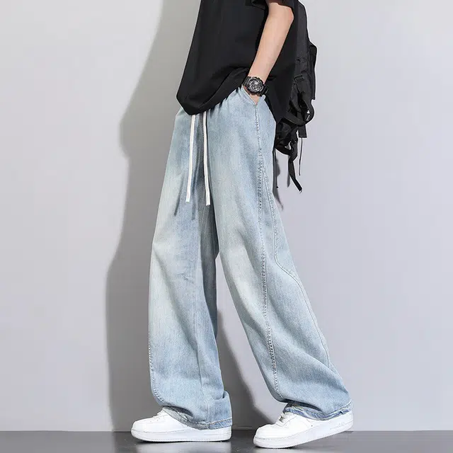 大白鲨 夏季轻薄舒适透气莱赛尔拼接时尚抽绳松紧腰做旧水洗复古美式高街工装牛仔裤 男女同款