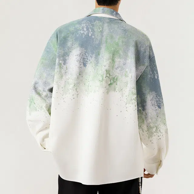 微牛 美式复古渐变扎染潮流百搭宽松休闲长袖外套衬衫 男款
