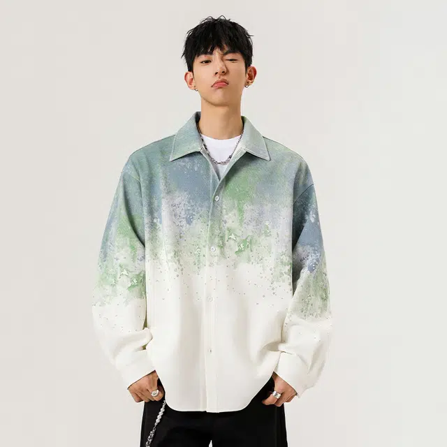 微牛 美式复古渐变扎染潮流百搭宽松休闲长袖外套衬衫 男款