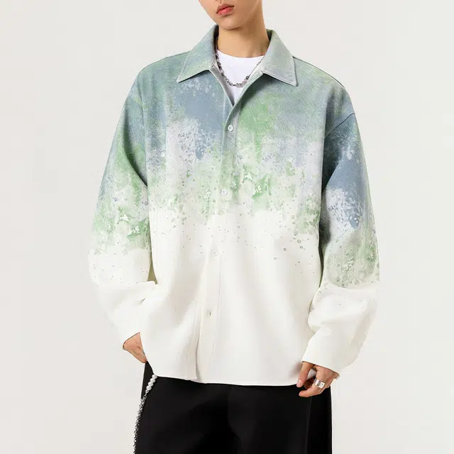 微牛 美式复古渐变扎染潮流百搭宽松休闲长袖外套衬衫 男款