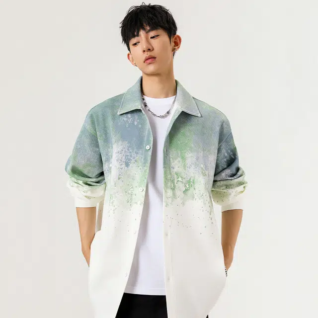 微牛 美式复古渐变扎染潮流百搭宽松休闲长袖外套衬衫 男款