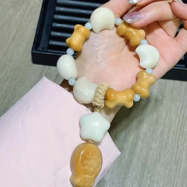 冬荔 雕刻月亮新中式复古串珠文盘玩佛珠菩提搭配骨头星星小鱼小众文艺文玩 象牙果 手串 男女同款情侣款
