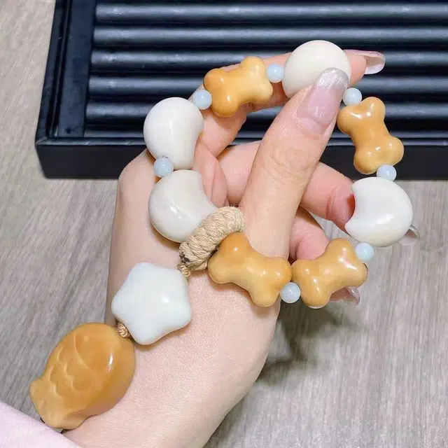 冬荔 雕刻月亮新中式复古串珠文盘玩佛珠菩提搭配骨头星星小鱼小众文艺文玩 象牙果 手串 男女同款情侣款