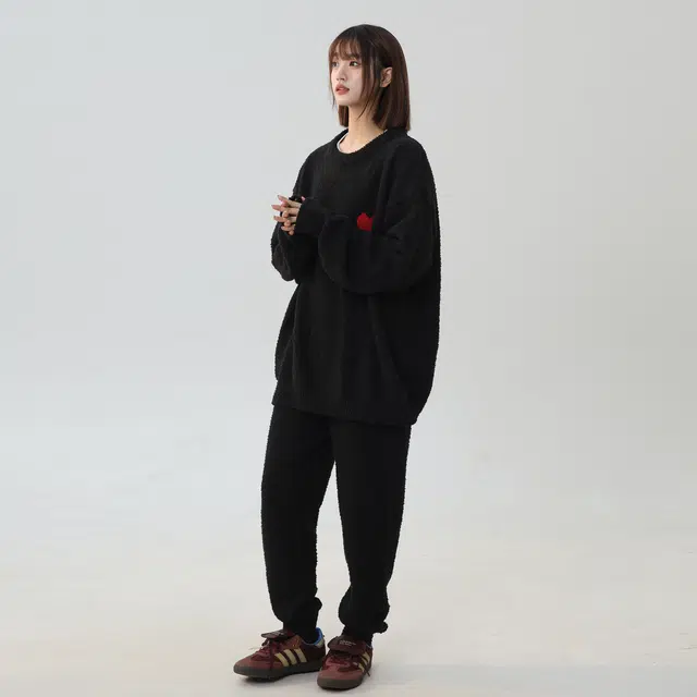 大卫贝肯 简约复古爱心提花宽松休闲可外穿纯色半边绒透气柔软亲肤高弹力长袖圆领情侣居家睡衣套装 男女同款