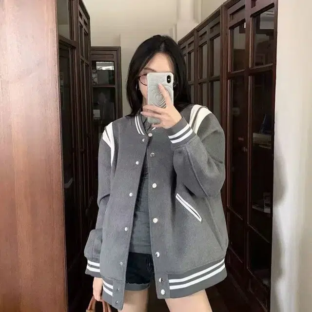 悍戈 美式复古时尚潮流拼接纽扣撞色毛呢开衫与棒球服外套夹克 男女同款