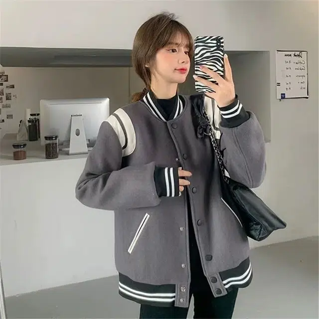 悍戈 美式复古时尚潮流拼接纽扣撞色毛呢开衫与棒球服外套夹克 男女同款