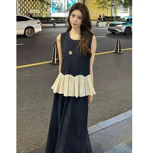 沐晓欣 好看夏装一整套韩系时尚气质荷叶边撞色无袖上衣半身裙两件套裙装套装 女款