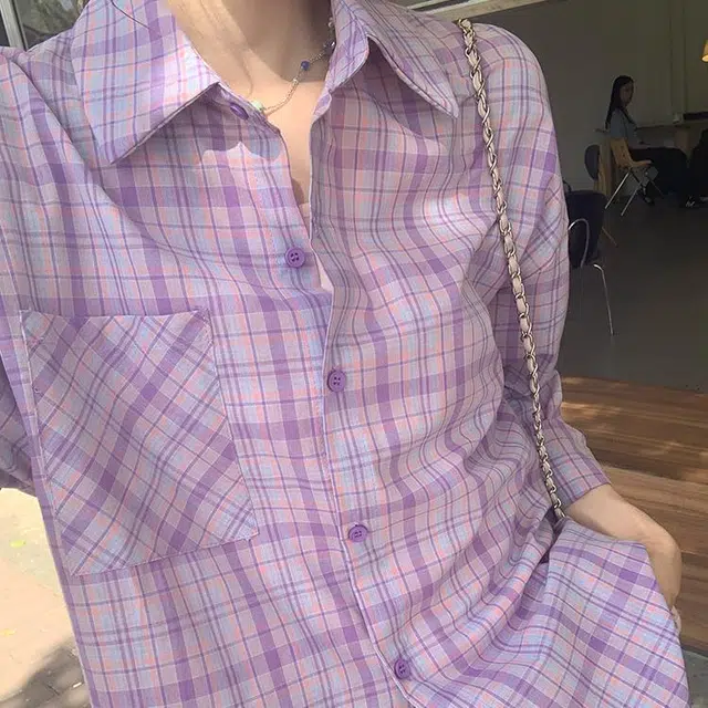 沐晓欣 休闲穿搭防晒紫色格子薄款宽松百搭休闲长袖衬衫 女款