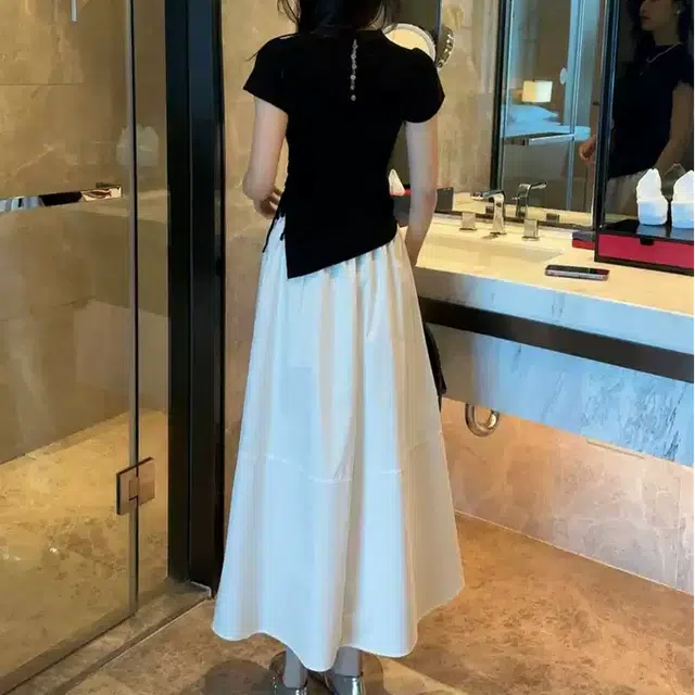 沐晓欣 时尚女抽绳修身短袖打底衫+高腰半身裙显瘦两件套女夏季裙装套装 女款