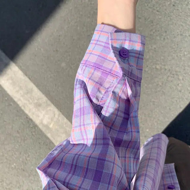 沐晓欣 休闲穿搭防晒紫色格子薄款宽松百搭休闲长袖衬衫 女款