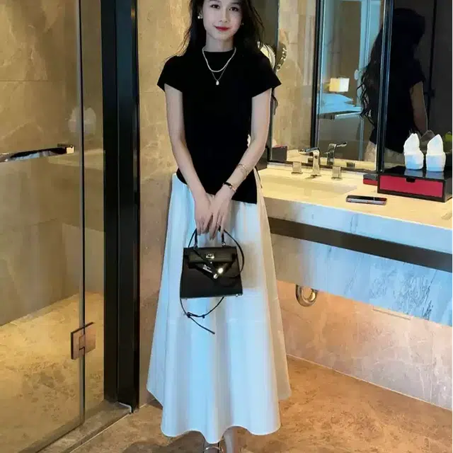 沐晓欣 时尚女抽绳修身短袖打底衫+高腰半身裙显瘦两件套女夏季裙装套装 女款