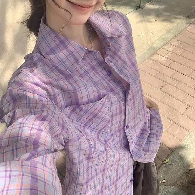 沐晓欣 休闲穿搭防晒紫色格子薄款宽松百搭休闲长袖衬衫 女款