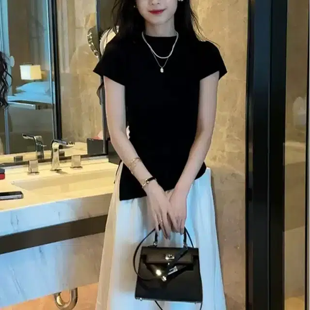 沐晓欣 时尚女抽绳修身短袖打底衫+高腰半身裙显瘦两件套女夏季裙装套装 女款