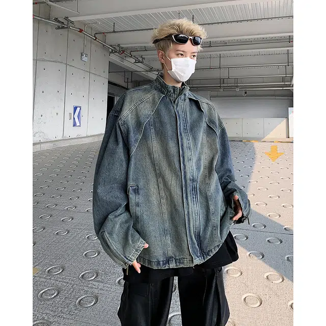 北欧攻略 美式复古高街风舒适百搭立领落肩宽松休闲开衫牛仔外套 男女同款