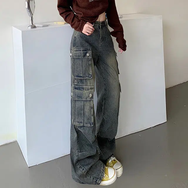 费尔岛上的猫 美式夏季多口袋工装风阔腿直筒拖地垂感百搭裤牛仔裤 男女同款