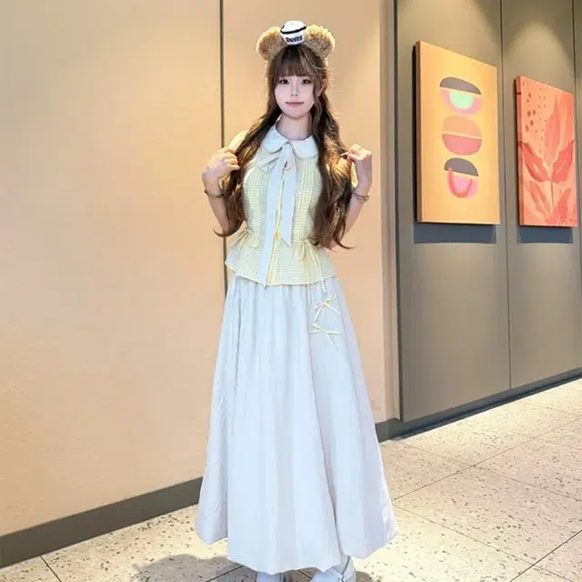 费尔岛上的猫 韩系温柔甜美风蝴蝶结收腰衬衫搭配花苞裙裙装套装 女款