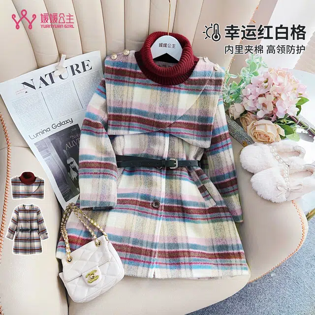 媛媛公主 秋冬格子拼接夹棉保暖加厚时尚舒适百搭长款呢大衣 儿童款