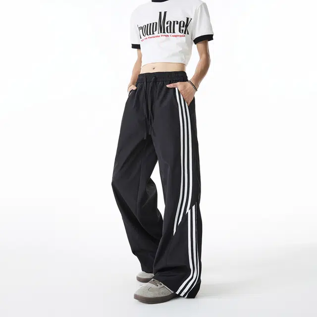 孜讯 夏季薄款冰丝速干透气凉感美式复古侧拼接斜切织带设计感长裤百搭宽松时尚潮牌坠垂感显高显瘦中性穿搭休闲裤 男女同款