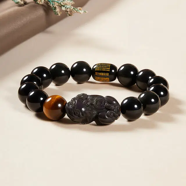 老庙 纳福聚福 木变石独特 造型精致  国风轻奢天然 黑曜石 手串 男女同款情侣款