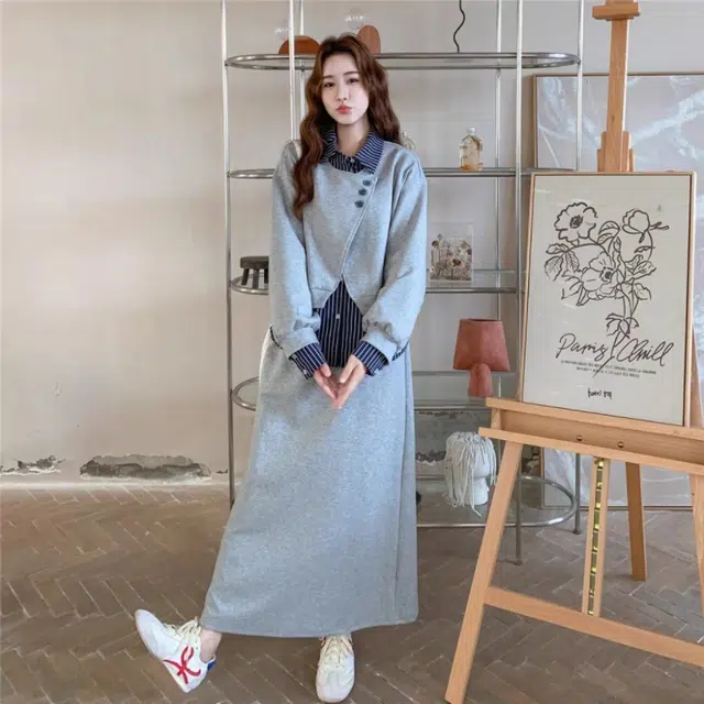 敲模女孩 韩系学院风显瘦假两件格纹拼接外套高腰气质遮胯修身半身裙裙装套装 女款