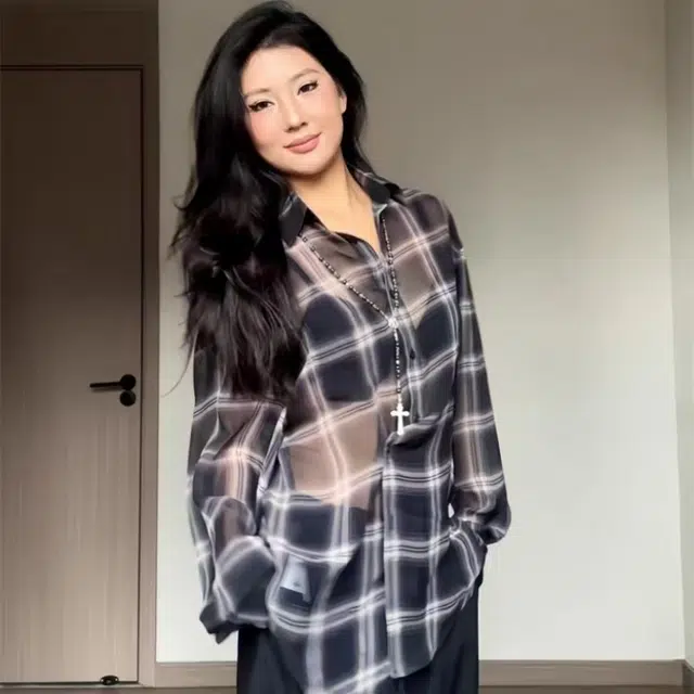 敲模女孩 学院风复古格纹宽松轻薄外套衬衫 女款