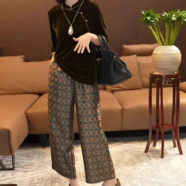 敲模女孩 法式慵懒风洋气复古时尚盘扣印花宽松上衣高腰显瘦阔腿长裤休闲套装 女款