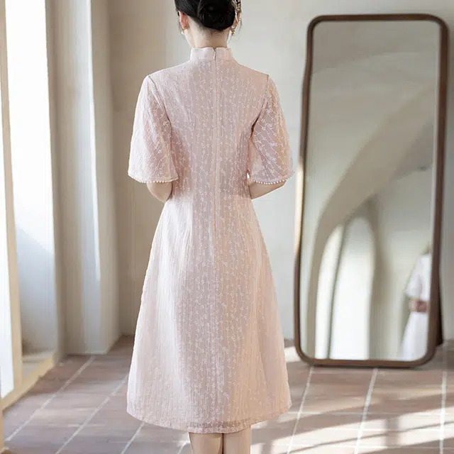 敲模女孩 新中式印花改良国风旗袍修身优雅短袖连衣裙 女款