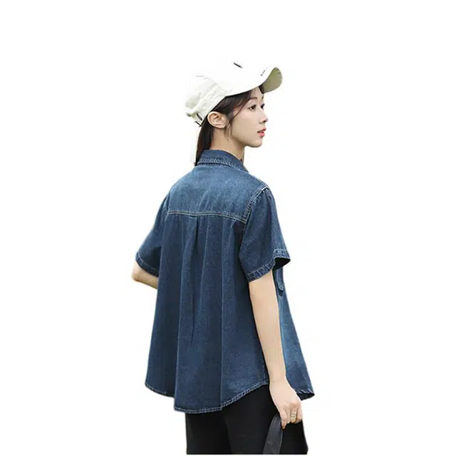 敲模女孩 学院风韩版设计感宽松休闲牛仔短袖衬衫 女款