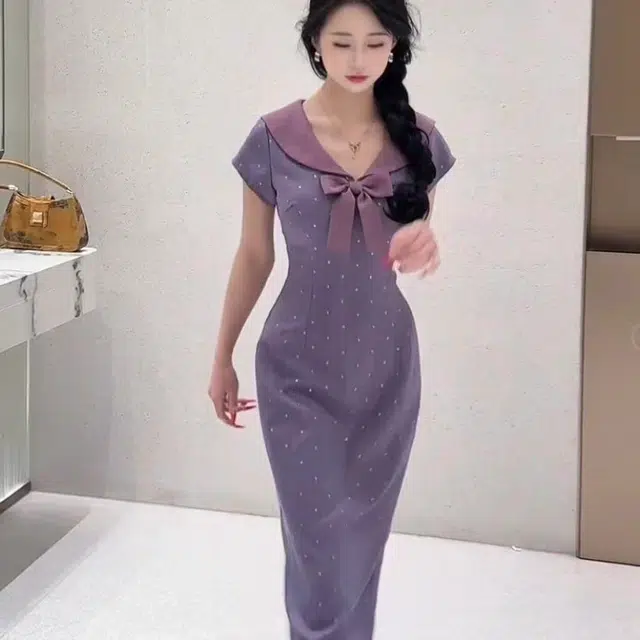 敲模女孩 甜美学院风海军领波点修身设计感收腰气质短袖连衣裙 女款