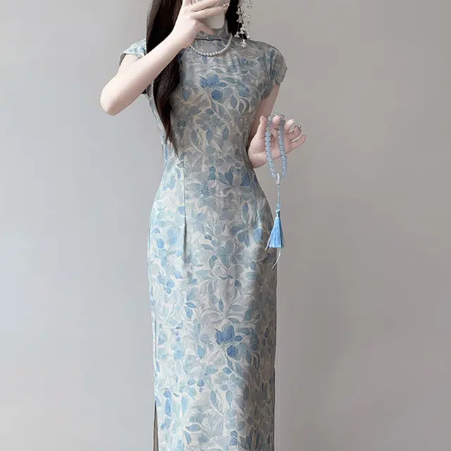 敲模女孩 新中式国风改良旗袍温婉气质印花设计感修身收腰短袖连衣裙 女款