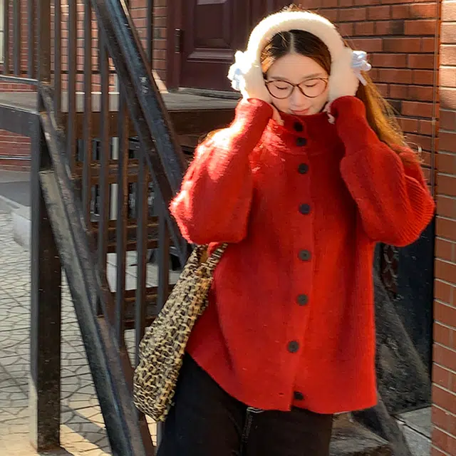 敲模女孩 韩系慵懒风翻领开衫外套高级感长袖上衣针织衫 女款