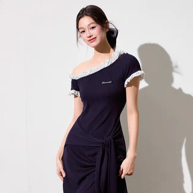 敲模女孩 纯欲风性感辣妹假两件木耳花边斜肩拼接针织绑带收腰修身包臀短袖连衣裙 女款 藏青色