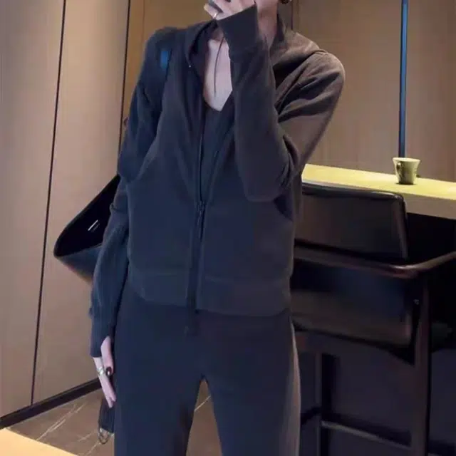 敲模女孩 韩系复古运动风连帽卫衣外套高腰显瘦时尚微喇长裤休闲套装 女款