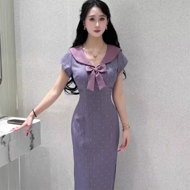 敲模女孩 甜美学院风海军领波点修身设计感收腰气质短袖连衣裙 女款