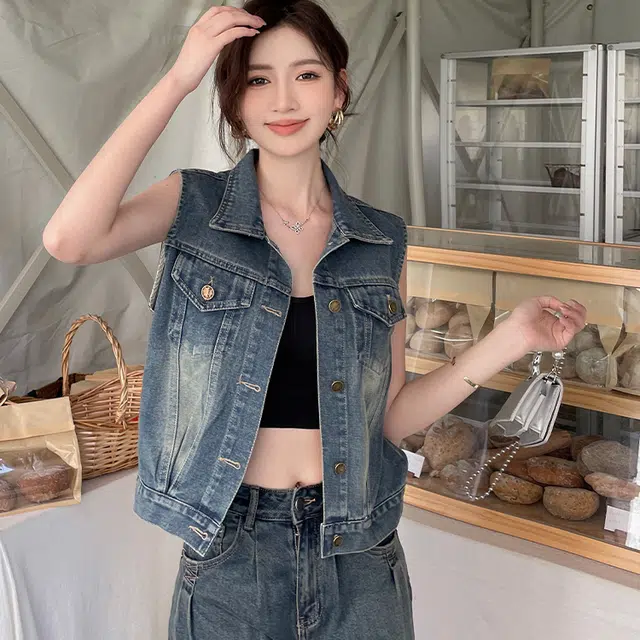 敲模女孩 美式复古高级感气质百搭短款无袖马甲牛仔外套 女款