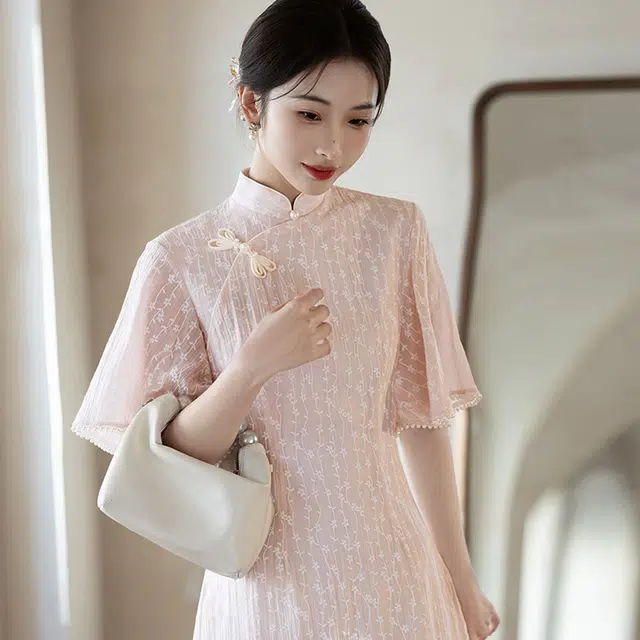 敲模女孩 新中式印花改良国风旗袍修身优雅短袖连衣裙 女款