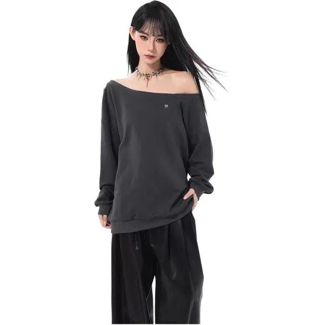 敲模女孩 美式斜肩露肩休闲百搭时尚长袖卫衣 女款 深灰色