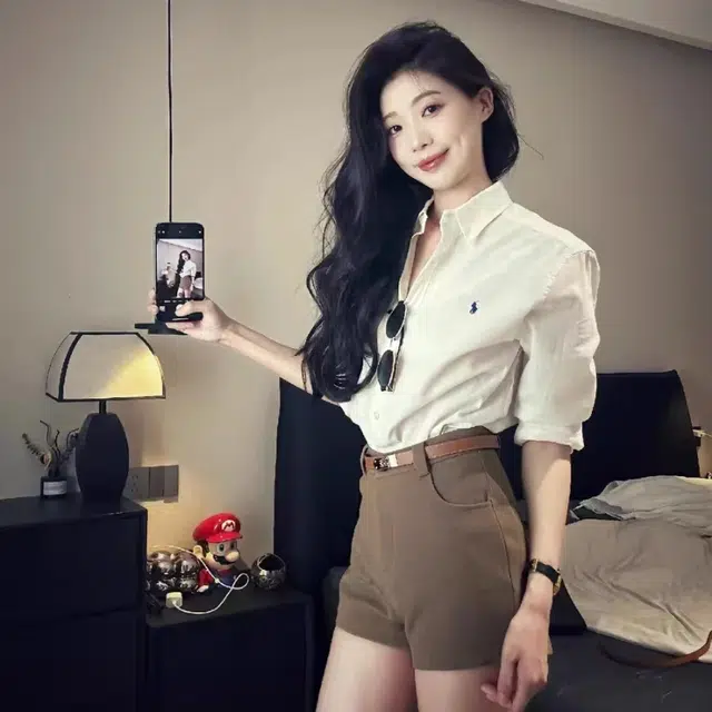 敲模女孩 美式复古老钱风刺绣宽松长袖衬衫气质百搭高腰包臀短裤休闲套装 女款