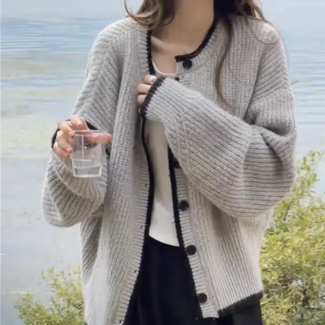 敲模女孩 韩系百搭复古撞色粗针开衫针织衫 女款