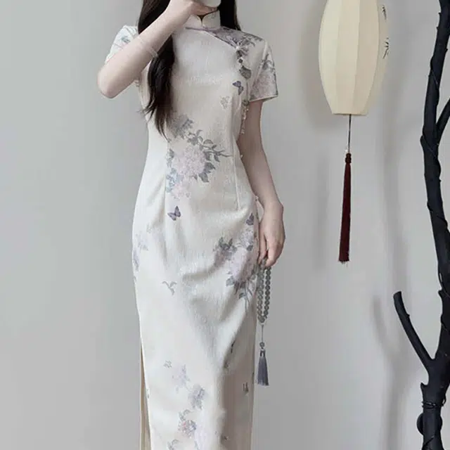 敲模女孩 新中式国风改良植物花卉修身印花文艺风收腰优雅气质短袖连衣裙 女款
