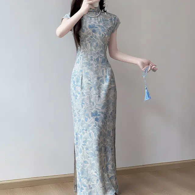 敲模女孩 新中式国风改良旗袍温婉气质印花设计感修身收腰短袖连衣裙 女款