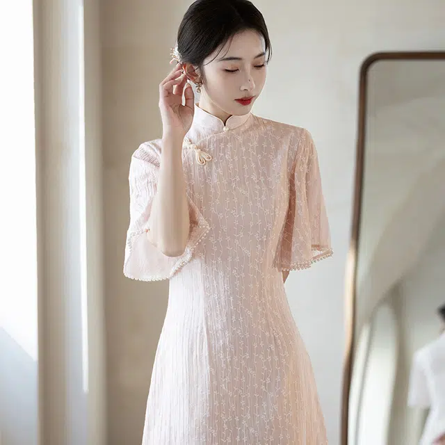 敲模女孩 新中式印花改良国风旗袍修身优雅短袖连衣裙 女款