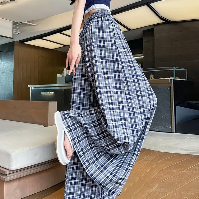 敲模女孩 甜酷风学院复古格子阔腿慵裤懒感高腰宽松直筒休闲裤 女款