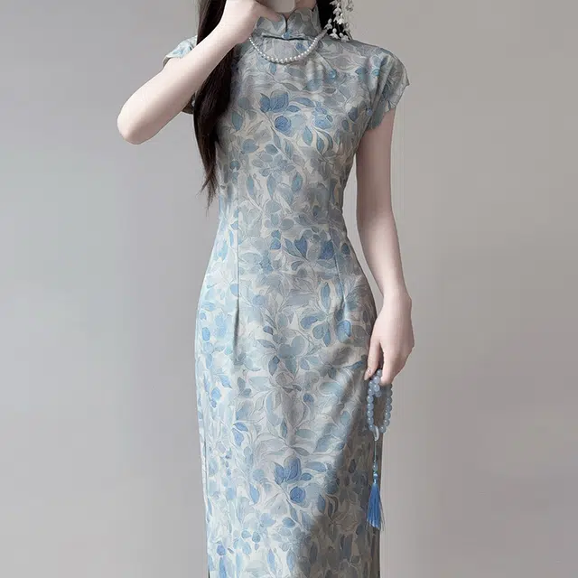 敲模女孩 新中式国风改良旗袍温婉气质印花设计感修身收腰短袖连衣裙 女款